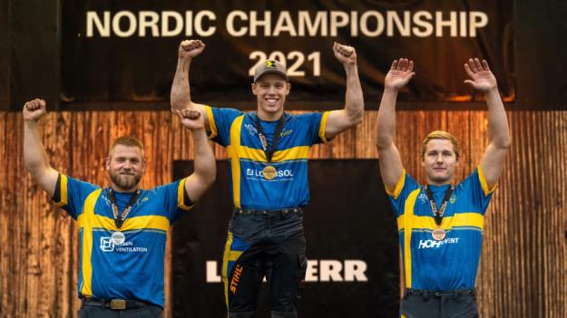 Pristagarna i STIHL TIMBERSPORTS Nordiska Mästerskapen 2021, från vänster till höger: Calle Svadling (2:a plats), Ferry Svan (1:a plats), Emil Hansson (3:e plats).