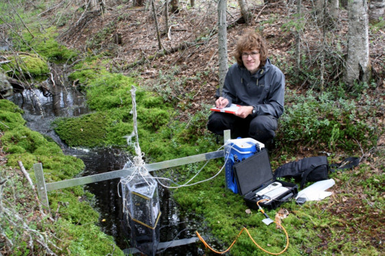 Marcus Klaus mäter koldioxidutsläpp från en skogsbäck.