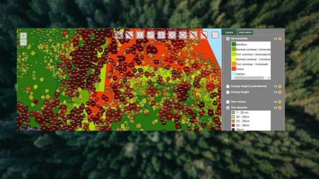 I analysresultaten kombineras olika datakällor och där igenom får man till exempel en detaljerad bild av beståndet och framkomligheten. Bilden visar även trädens position, diameter och höjd samt terrängduglighet och beståndssegmentering.
