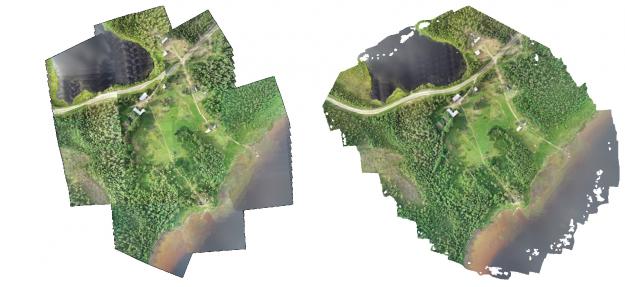Jämförelse mellan sammanhängande bilder producerade med Rapid Drone Map (t.v.) och med traditionell teknik (t.h.).
