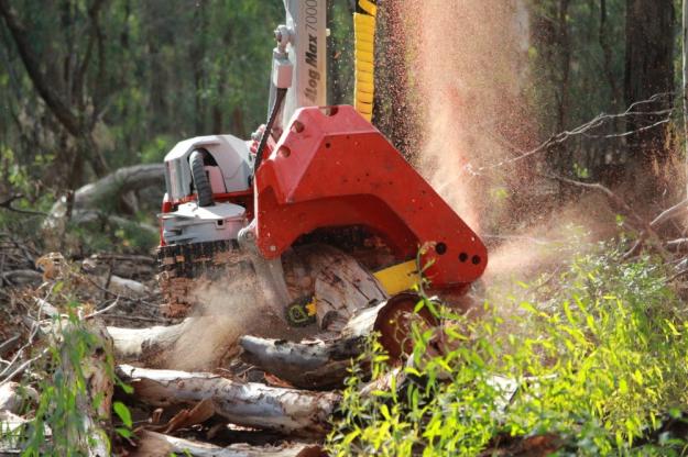 Log Max skördaraggregat kapar trädstammar.