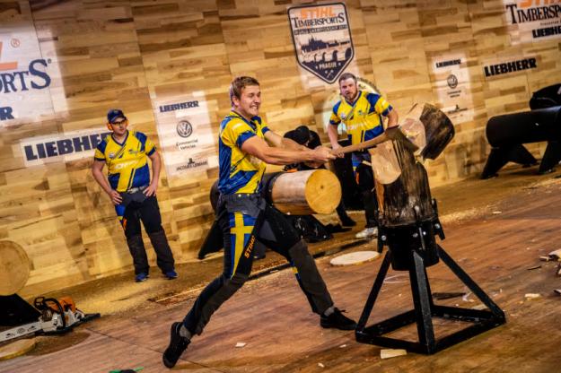 Det svenska landslaget i STIHL TIMBERSPORTS under VM i Prag 2019.