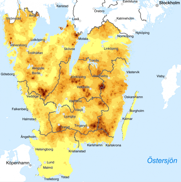 Kartan visar hur skadorna varierar inom Götaland och baseras på de tre senaste inventeringarna. Ju mörkare färg desto högre andel skador. Kartan är fri att publicera.