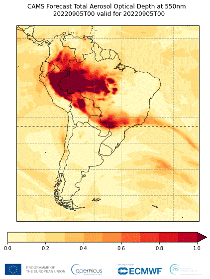 CAMS 5-dygnsprognos för aerosoloptiskt djup över Sydamerika initierades den 5 september 2022 kl. 00 UTC.