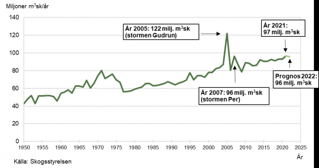 Figur 1. &Aring;rlig bruttoavverkning 1950–2021 och prognos för 2022, miljoner skogskubikmeter.